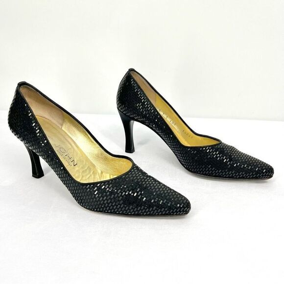 St. John Black Satin Paillettes Made in Italy Pointed Toe Narrow Heel Pumps 7B - Picture 1 of 13